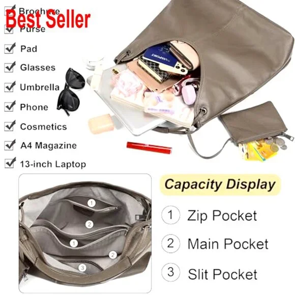 Genuine Cowhide Leather Hobo Handbag with Coin Pouch